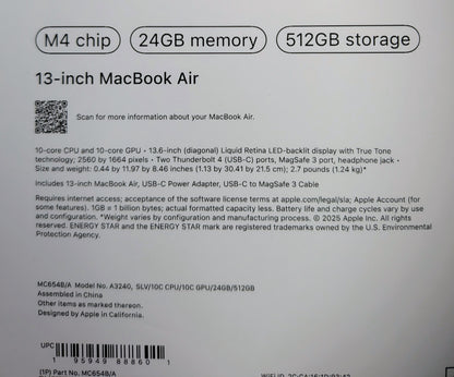 💻 Apple MacBook Air 13" M4 – Silver 512GB SSD 24GB RAM Boxed Like New (SPT4505)