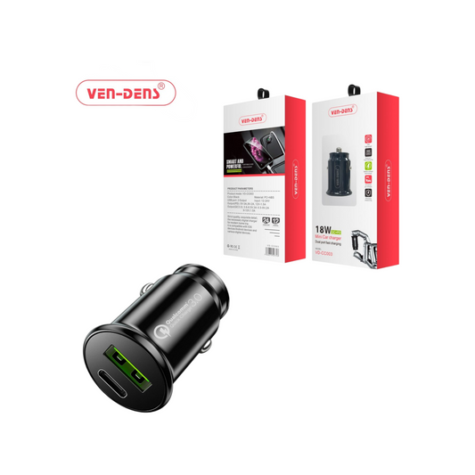 18W Mini Car Charger Dual Port - USB + USB C
